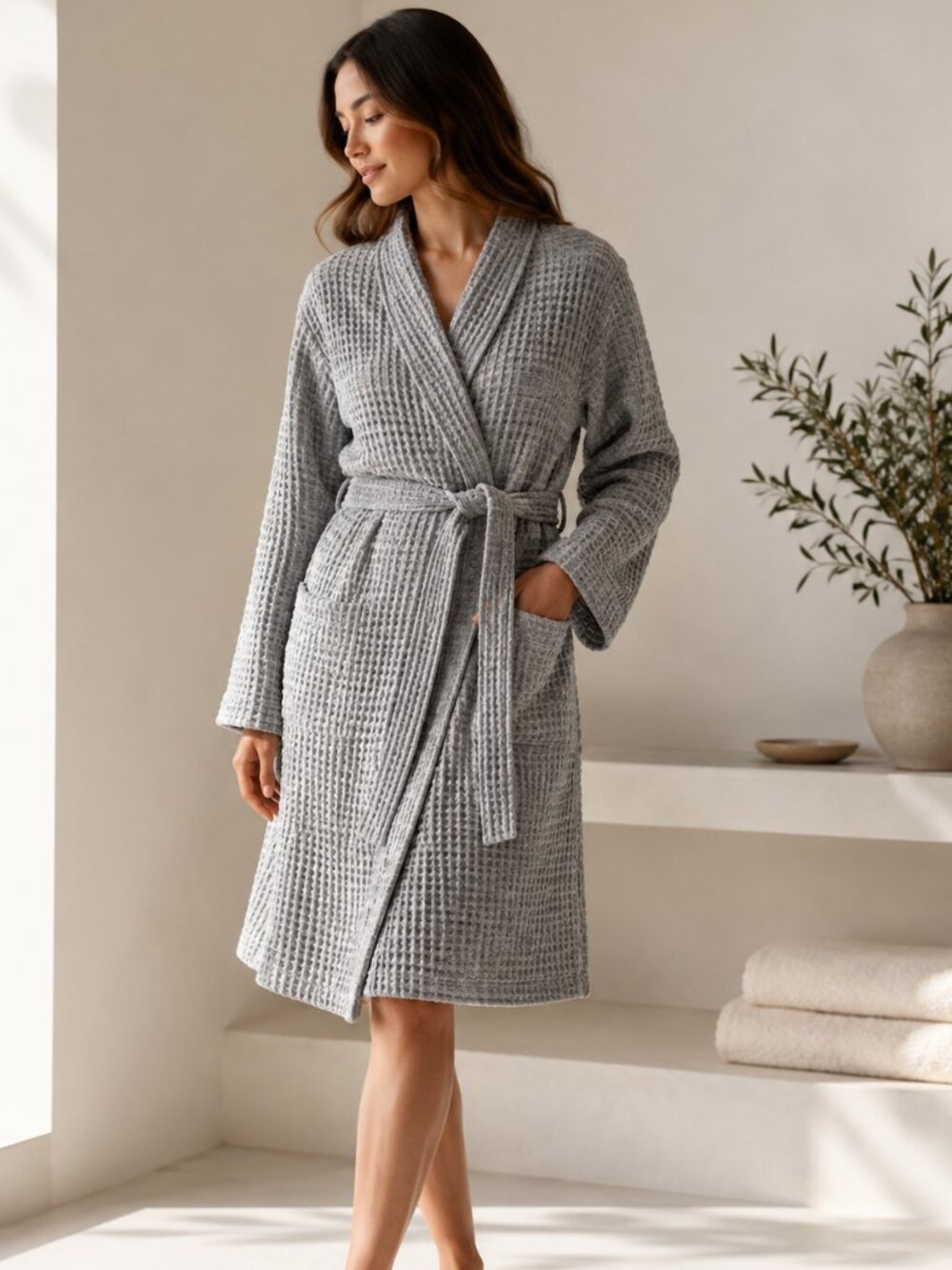 Parachute Waffle Weave Cotton Bath Robe Gray Spa Hotel Luxury Tie Waist Size S
